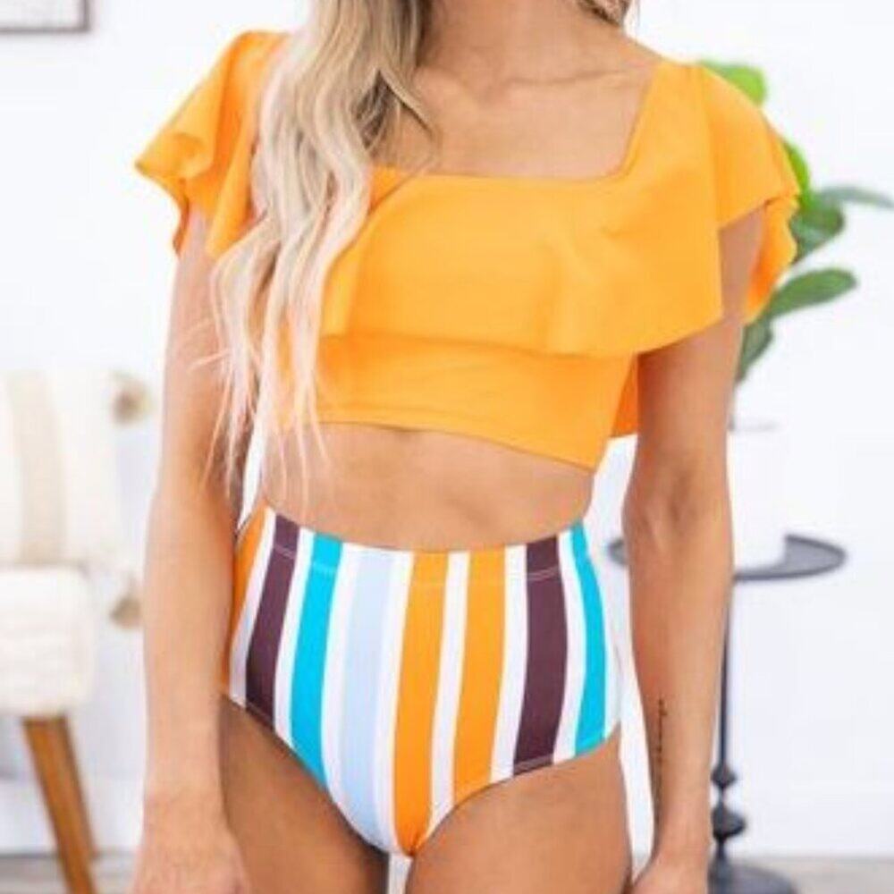 Cayman Beach Two Piece Swimsuit Orange Ruffles Stripes NWOT Size Medium